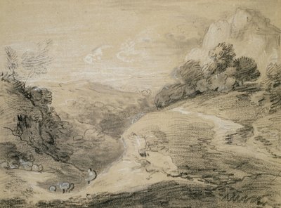 Een heuvelachtig landschap met herder en schapen door Thomas Gainsborough